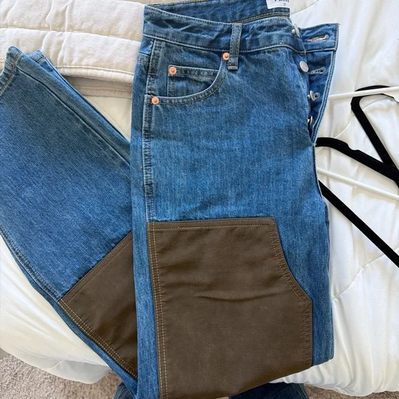 Straight Leg Two-Tone Denim Jeans with Brown Knee Panels - Picture 4 of 4